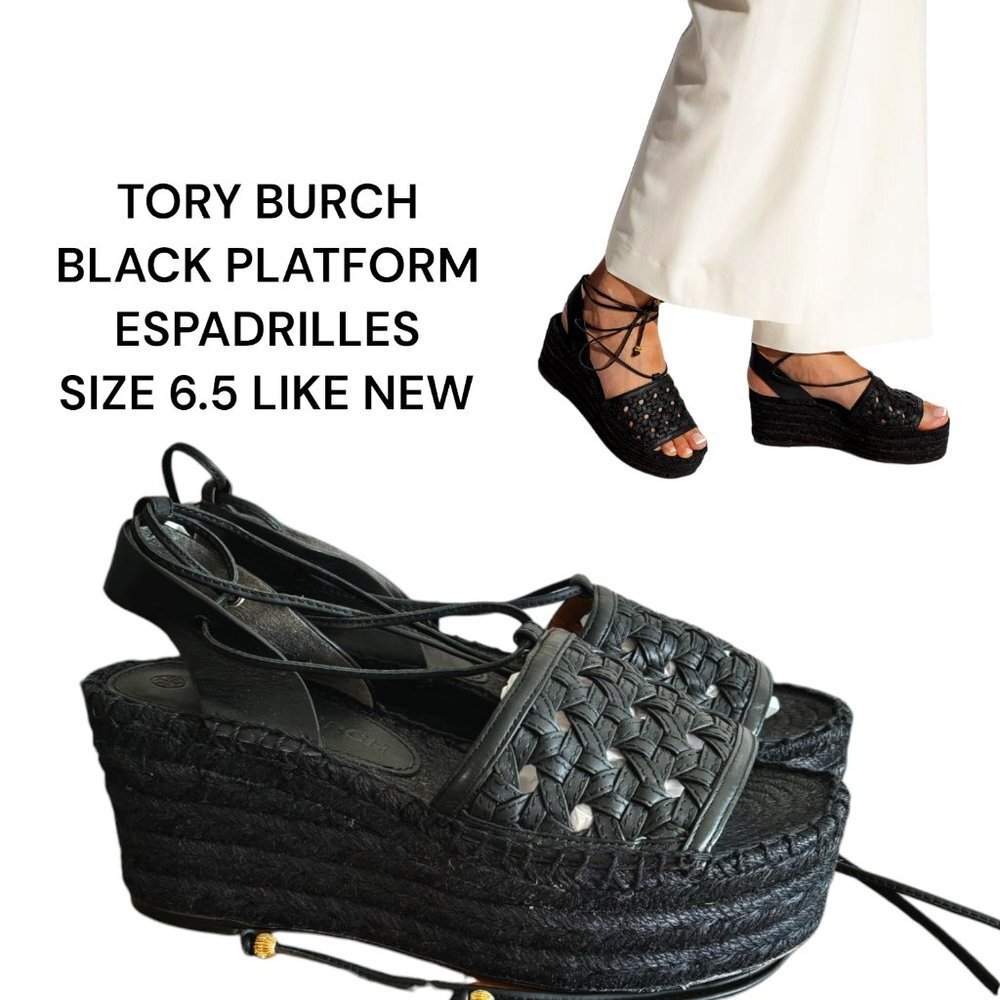 Tory Burch Basket Weave Flatform Espadrille Black Platform 6.5 LIKE NEW